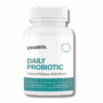 a bottle of Yeastrix Daily Probiotic sits on a transparent background
