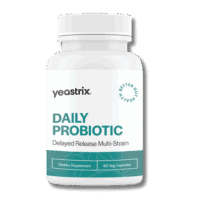 a bottle of Yeastrix Daily Probiotic sits on a transparent background