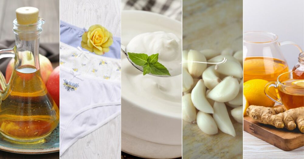 Collage of cotton underwear, apple cider vinegar, Greek yogurt, garlic cloves, and herbal tea representing natural remedies for vaginal thrush.