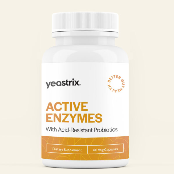 Pill-Bottle-Mockup Active Enzymes (1) a white bottle labelled yeastrix active enzymes with acid-resistant probiotics