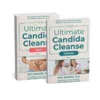 Two books from The Ultimate Candida Cleanse series by Eric Bakker, N.D. - Volume 1 Guide with coral accent and Volume 1 Program with teal accent, displayed at an angle against a white background. The covers feature the author's credentials as a specialist in Candida Overgrowth and Gut Health Solutions since 1985.