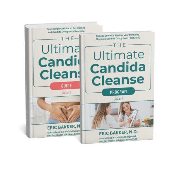 Ultimate Candida Cleanse Books 800 x 800 Two books from The Ultimate Candida Cleanse series by Eric Bakker, N.D. - Volume 1 Guide with coral accent and Volume 1 Program with teal accent, displayed at an angle against a white background. The covers feature the author's credentials as a specialist in Candida Overgrowth and Gut Health Solutions since 1985.