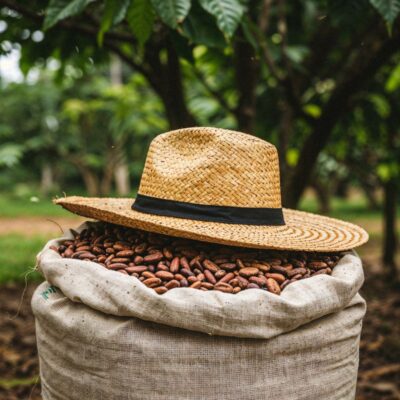 a sack of cacao beans with a straw hat sitting atop - cacao and the candida diet