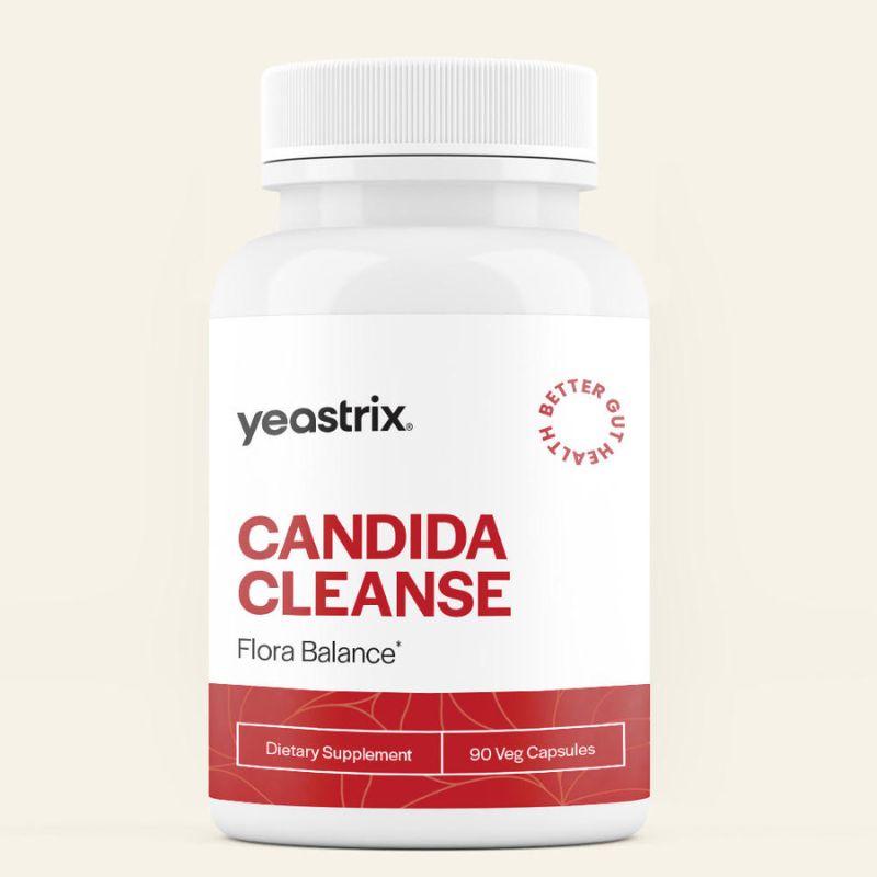 A white bottle labeled "Yeastrix Candida Cleanse" with “Flora Balance” and “Dietary Supplement” contained in 90 veg capsules.