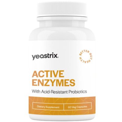 White bottle labeled "Yeastrix Active Enzymes" with orange accent. Contains 60 vegetarian capsules with acid-resistant probiotics for better gut health.