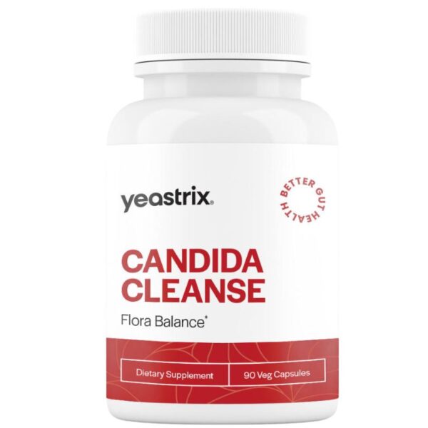 Yeastrix Candida Cleanse supplement bottle, labeled "Flora Balance," contains 90 vegetarian capsules for gut health.