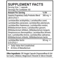 Supplement facts label detailing probiotic blend: 300 mg with various Lactobacillus and Bifidobacterium strains, and 50 mg Lactobacillus lactis. Contains DR veggie capsule and other ingredients.