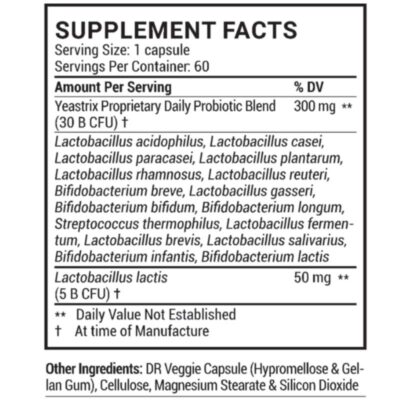 Supplement facts label detailing probiotic blend: 300 mg with various Lactobacillus and Bifidobacterium strains, and 50 mg Lactobacillus lactis. Contains DR veggie capsule and other ingredients.