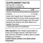 Supplement facts label for a supplement containing Yeastrix Blend with various herbal extracts, other ingredients listed, and a note that Candida Cleanse contains nuts.
