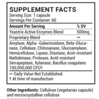 Supplement facts label for a yeastrix blend. Contains enzyme names and amounts. 60 capsules per container. Other ingredients: vegetarian capsule and microcrystalline cellulose.
