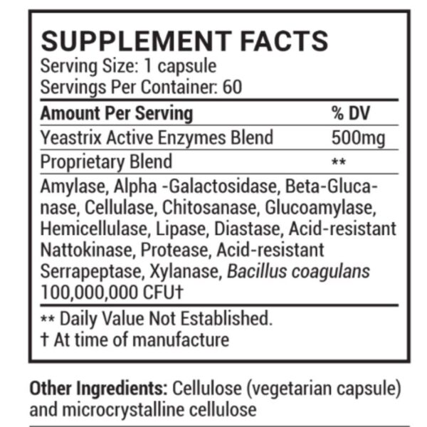 Yeastrix Active Enzymes Supplements Facts Box Supplement facts label for a yeastrix blend. Contains enzyme names and amounts. 60 capsules per container. Other ingredients: vegetarian capsule and microcrystalline cellulose.