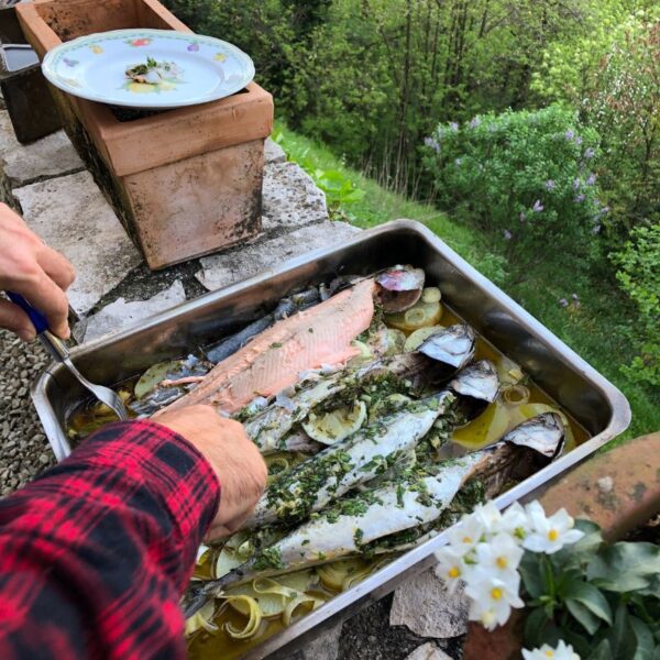 High-angle view of fresh fish fillets on an oven tray, prepared for grilling or barbecue.