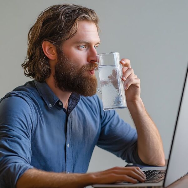 Young man in a blue shirt drinking a tall glass of water.
