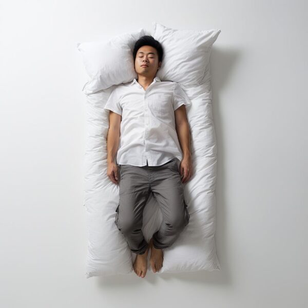 Young person lying on their back on a futon, resting with eyes closed during the day.
