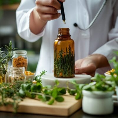 A naturopathic doctor in a white coat drops liquid herbal extract into a brown glass bottle, surrounded by fresh herbs and small bowls on the table.