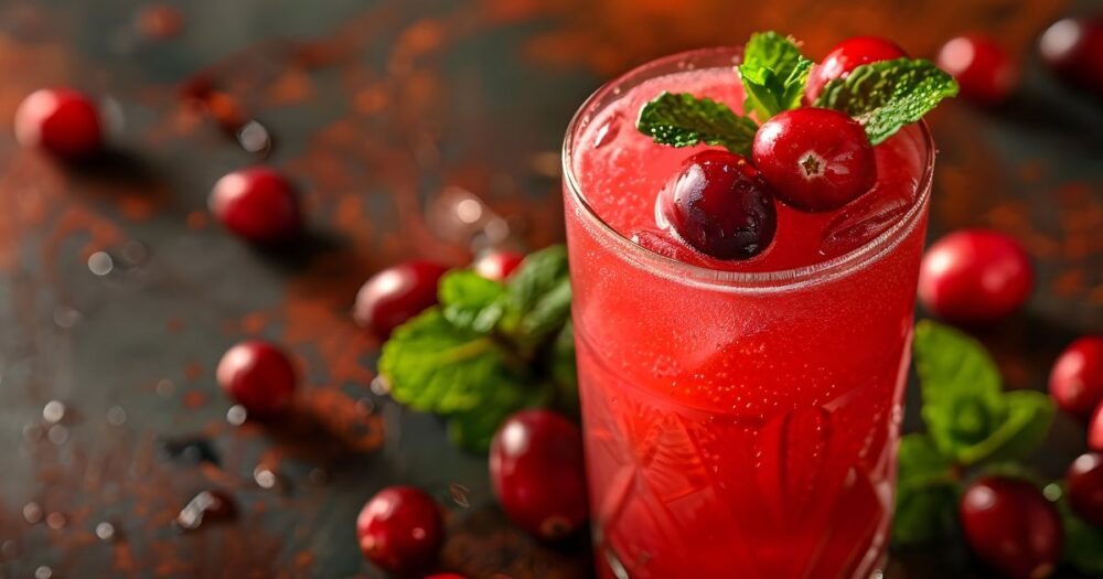 Glass of unsweetened cranberry juice with mint garnish, supporting hydration and wellness during a yeast infection.
