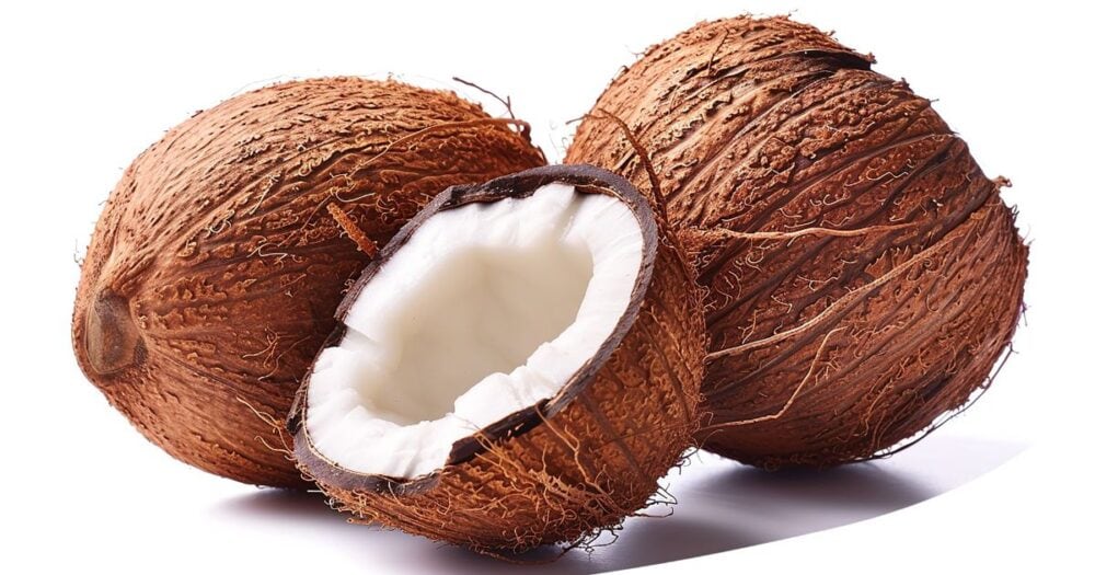 Two whole coconuts with one coconut cut open on a white background, a natural source of caprylic acid for candida support.