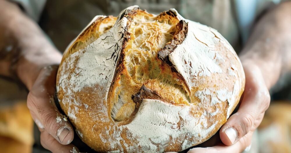 Hands offering a round loaf of freshly baked sourdough bread, often questioned on the candida diet