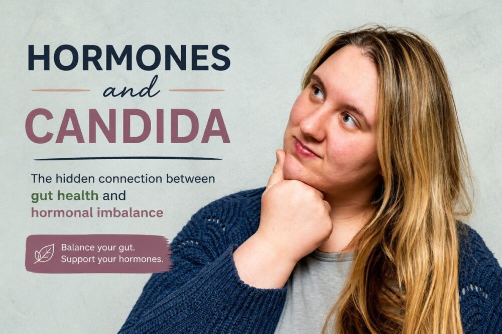 Thoughtful woman looking upward beside text reading “Hormones and Candida: The hidden connection between gut health and hormonal imbalance” on a soft neutral background.