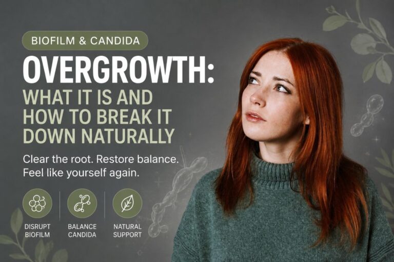 Image with text Candida biofilm overgrowth featuring a thoughtful red-haired woman in a green sweater on a dark botanical background. Bold headline text reads “Biofilm & Candida Overgrowth: Why It Keeps Coming Back” with supporting text about breaking biofilm down naturally. The image includes biofilm-inspired molecular illustrations, leaf accents, and icons representing disrupting biofilm, balancing Candida, and natural support.