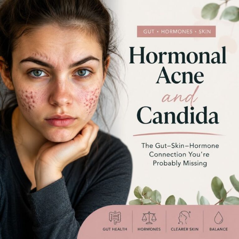 Young woman with hormonal acne beside text discussing the connection between Candida, gut health, hormones, and skin health.