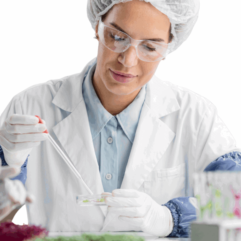 woman in lab coat and hair net making mold derived enzymes in supplements