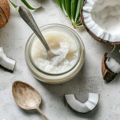 a jar of coconut oil sits with a teaspoon within it, a teaspoon and coconut beside the jar