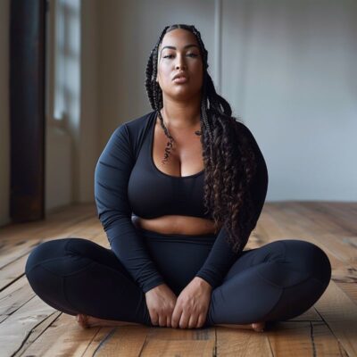 woman sitting in a yoga pose on a wooden floor