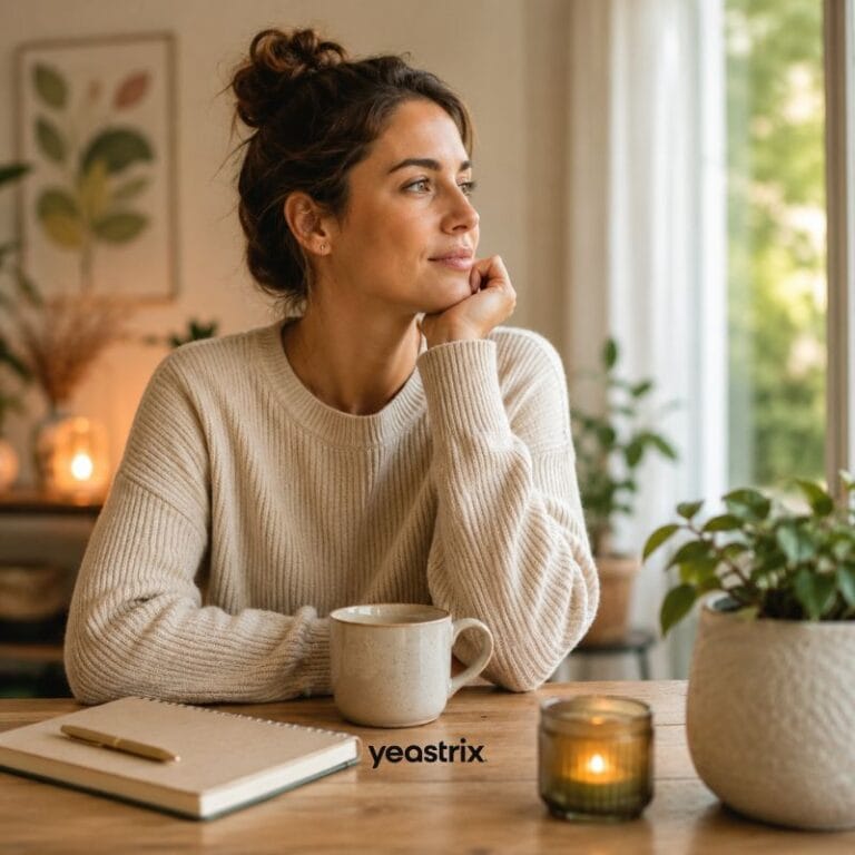Woman sitting thoughtfully with tea and a journal in a softly lit home setting, representing hormonal balance, stress, gut health, and candida wellness support.