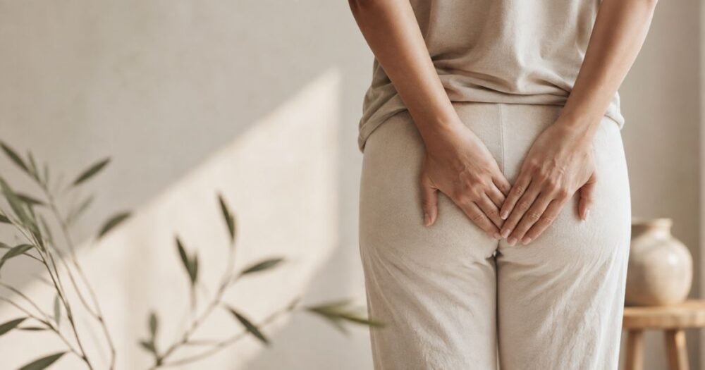 Woman experiencing discomfort around the anal area, in a calm neutral-toned interior.