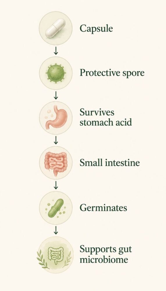 Simple infographic showing how Bacillus coagulans survives stomach acid as a protective spore before becoming active in the small intestine and supporting the gut microbiome.