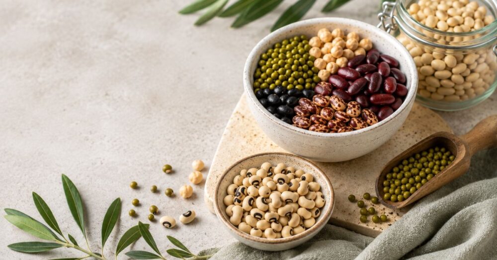 Assorted dried beans in ceramic bowls, a wooden scoop, and a glass jar on a natural stone surface, representing healthy legumes for a Candida diet.