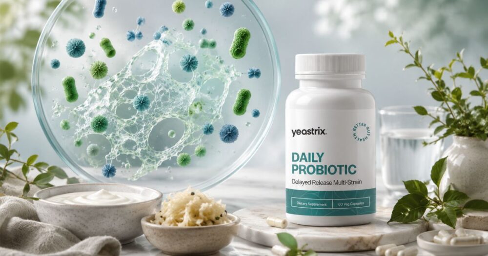 Yeastrix Daily Probiotic with artistic illustration of beneficial probiotic bacteria helping support microbial balance around a Candida biofilm.