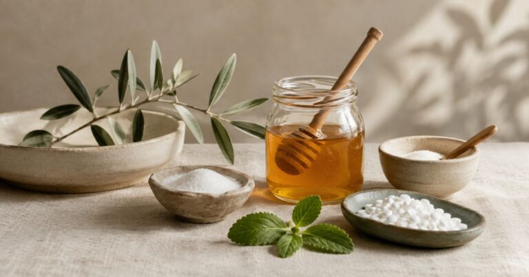 Natural sweeteners including honey, stevia and other sugar alternatives arranged on a neutral-toned table