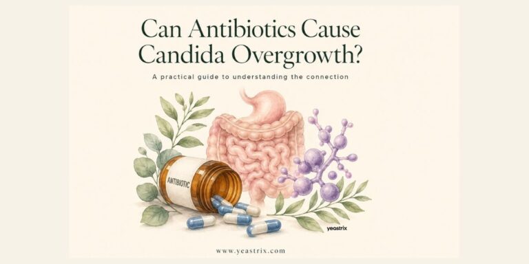 Illustration showing antibiotics and their relationship to Candida overgrowth with a prescription bottle, digestive tract, and Candida yeast cells.