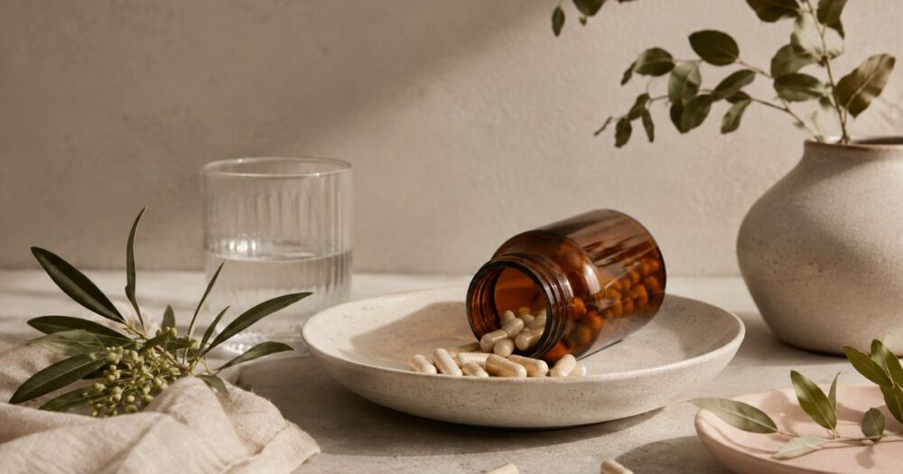 Amber antibiotics bottle and capsules on a ceramic dish beside a glass of water and greenery