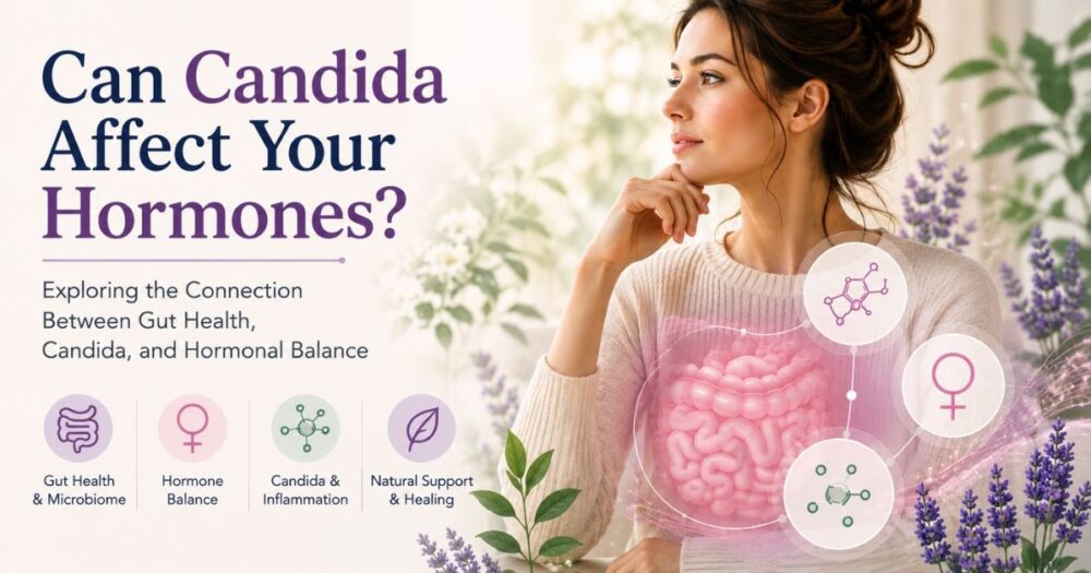 Hero image for article about Candida and hormones featuring a thoughtful woman with illustrated gut and hormone symbols, exploring the connection between gut health, Candida overgrowth, inflammation, and hormonal balance.