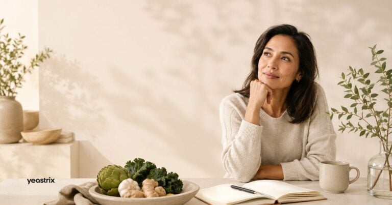 Thoughtful woman sitting with a journal, healthy vegetables and herbal tea, reflecting on restoring gut health and managing Candida naturally.