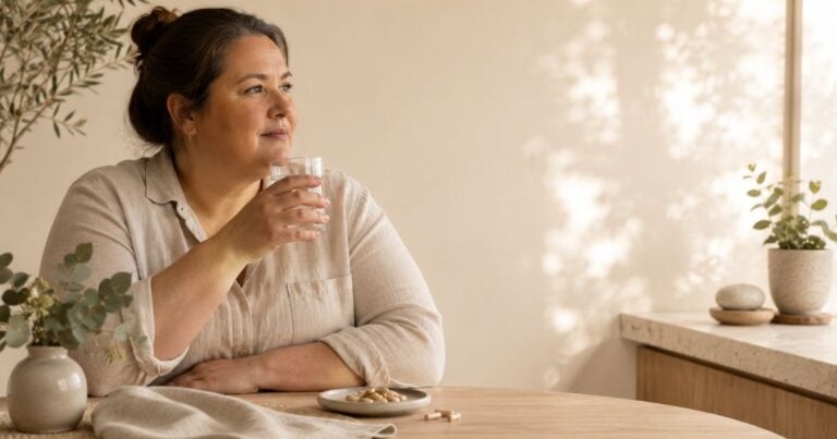 Middle-aged woman enjoying a glass of water in a calm natural setting, representing the connection between diabetes, hydration, oral health, and oral thrush.