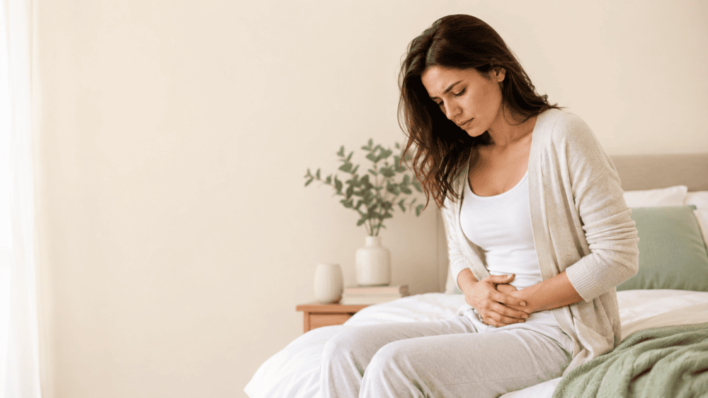 Woman experiencing lower abdominal discomfort associated with a vaginal yeast infection and diabetes.
