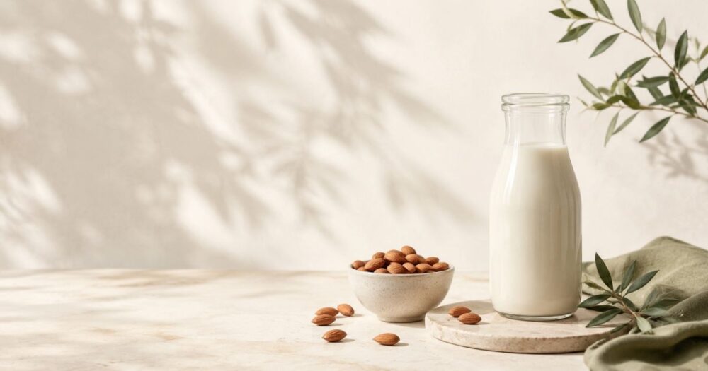 Bottle of unsweetened almond milk beside a bowl of whole almonds in a modern minimalist setting, illustrating almond milk as a Candida diet beverage option.