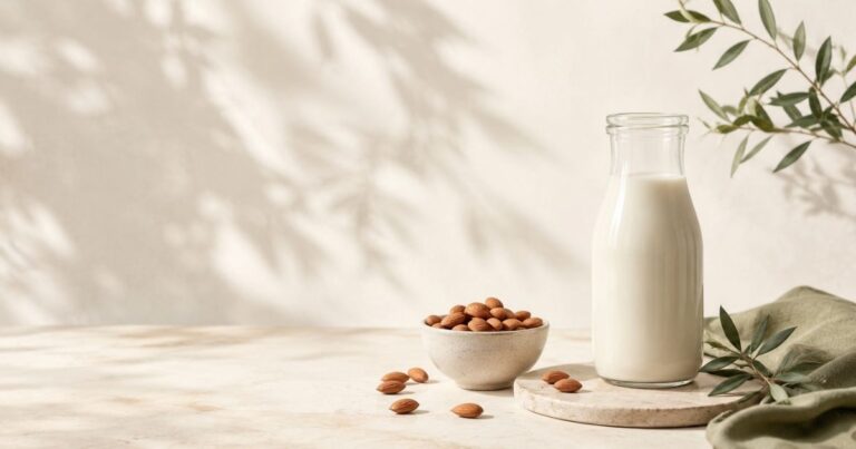 Bottle of unsweetened almond milk beside a bowl of whole almonds in a modern minimalist setting, illustrating almond milk as a Candida diet beverage option.