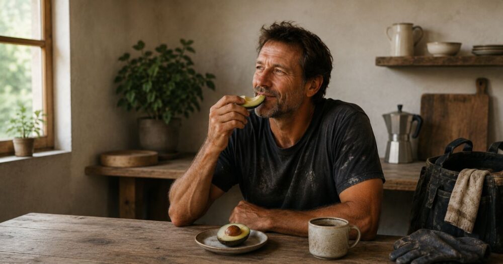 Middle-aged man in a work-worn shirt enjoying a slice of fresh avocado at a rustic kitchen table, with a halved avocado, coffee and work gear nearby.