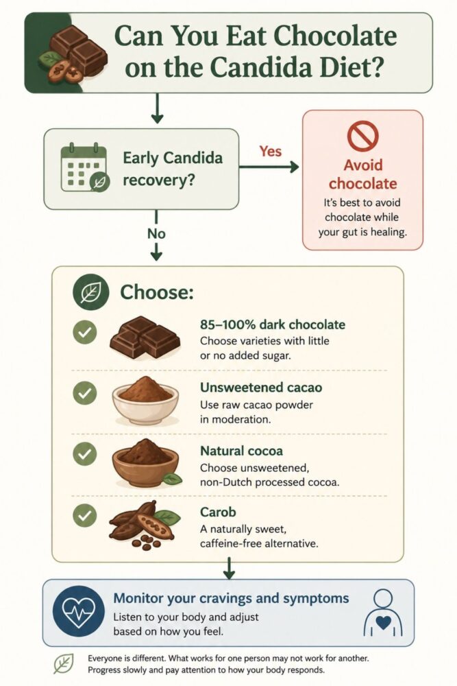 Decision guide showing whether chocolate is suitable on the Candida diet, including when to avoid chocolate during early recovery and when dark chocolate, unsweetened cacao, natural cocoa, or carob may be appropriate.
