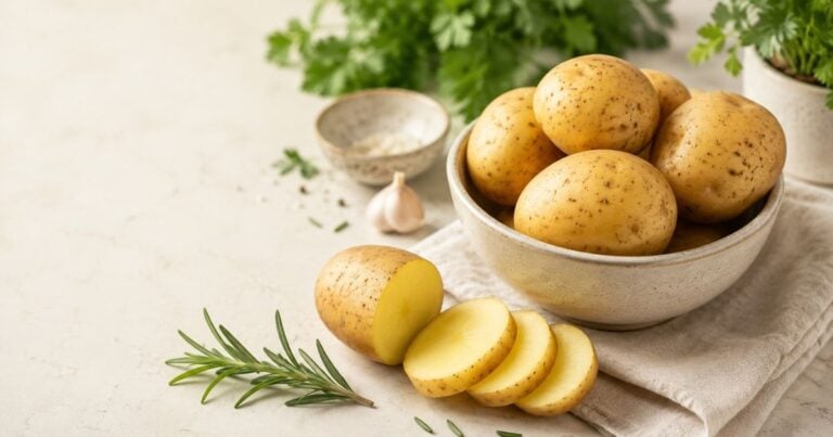 Fresh whole and sliced potatoes with rosemary and garlic on a light kitchen bench, representing whether potatoes can fit into a Candida diet.