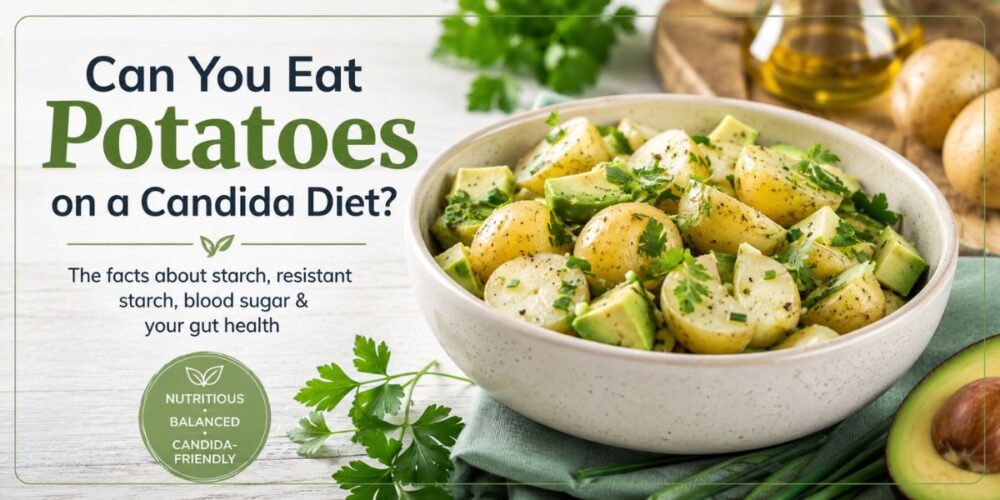 Bowl of cooled potato salad with avocado and herbs discussing whether potatoes can be eaten on a Candida diet