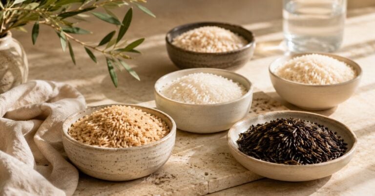 Ceramic bowls containing brown rice, white rice, jasmine rice, black rice, and wild rice on a travertine tabletop with linen, greenery, and warm natural light, illustrating rice choices on a Candida diet.
