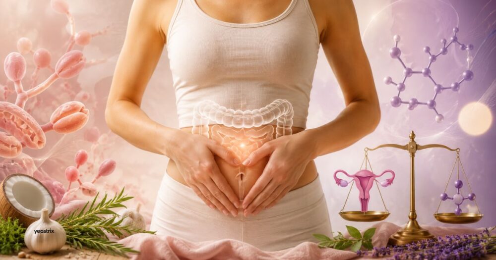 Hero image for article about candida and estrogen dominance featuring a woman holding her lower abdomen with glowing gut illustrations, hormone balance symbols, microbiome imagery, and feminine wellness elements