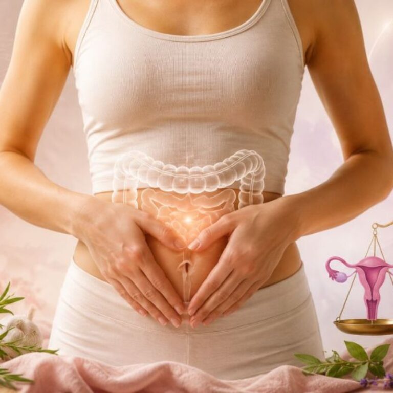 Square wellness graphic about candida and estrogen dominance featuring feminine hormone balance imagery, gut health illustrations, and microbiome wellness concepts.