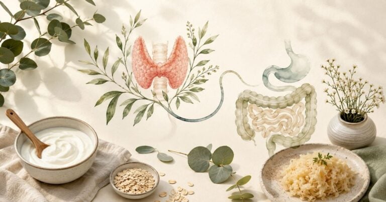 Editorial illustration showing the connection between the thyroid gland, gut health, and the gut–thyroid axis in Hashimoto’s thyroiditis.
